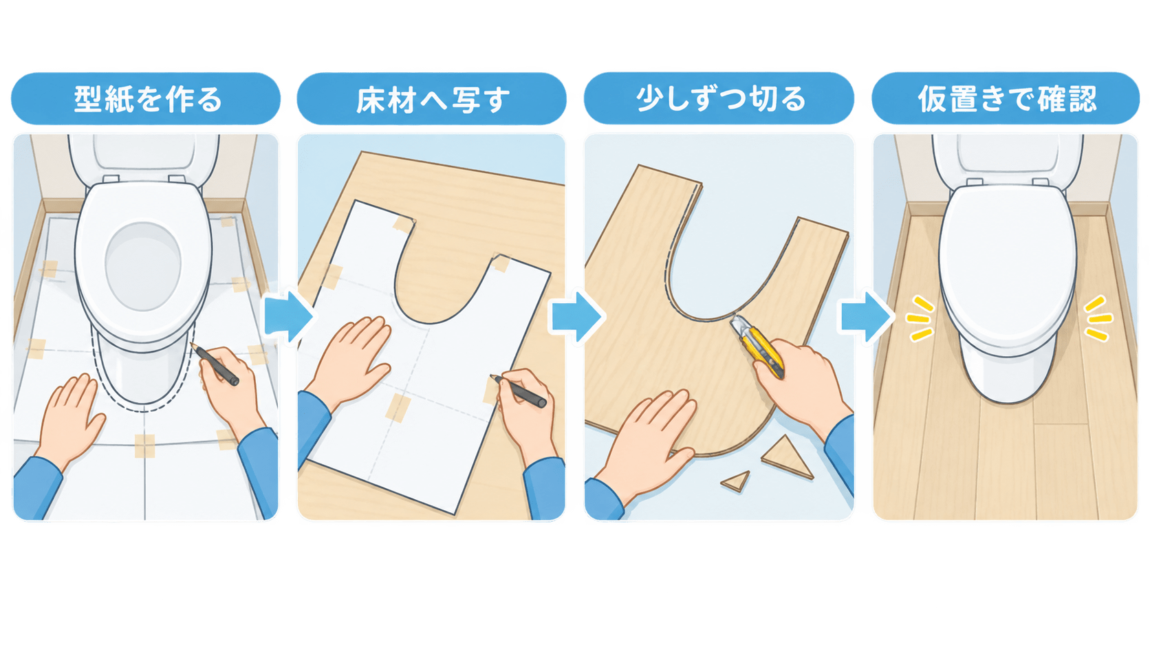 便器まわりの型取りから仮置きまでの手順