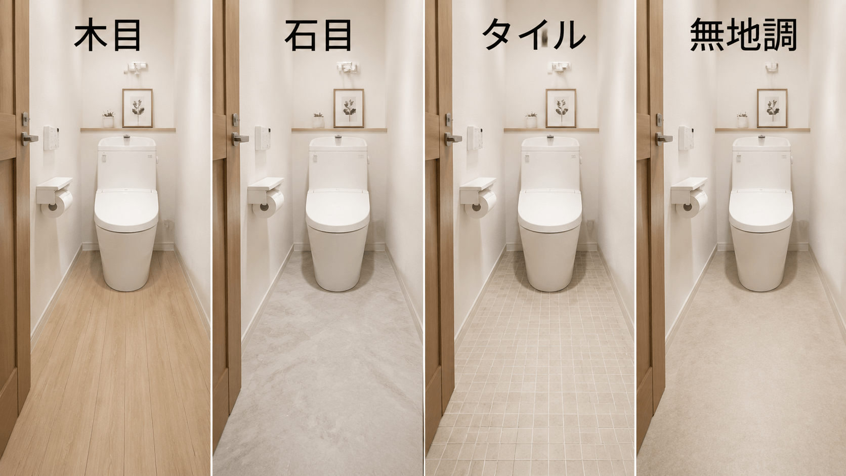 トイレ向けクッションフロアの木目・石目・タイル柄の比較