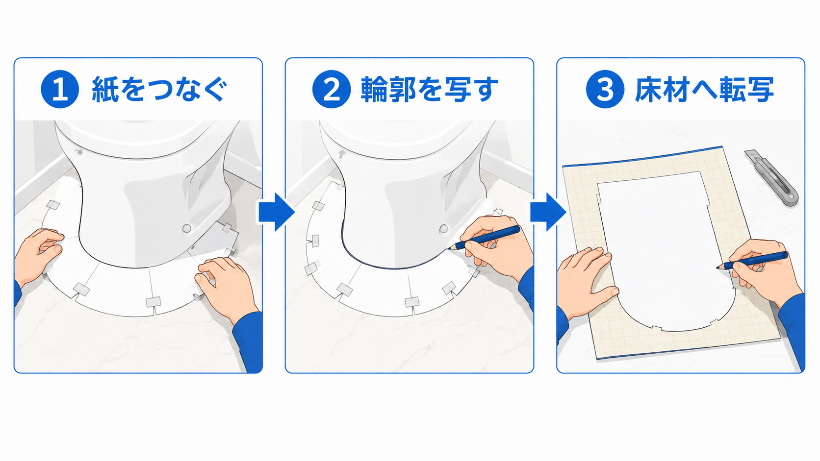 トイレのクッションフロアをDIYで施工する便器周りの型取り方法