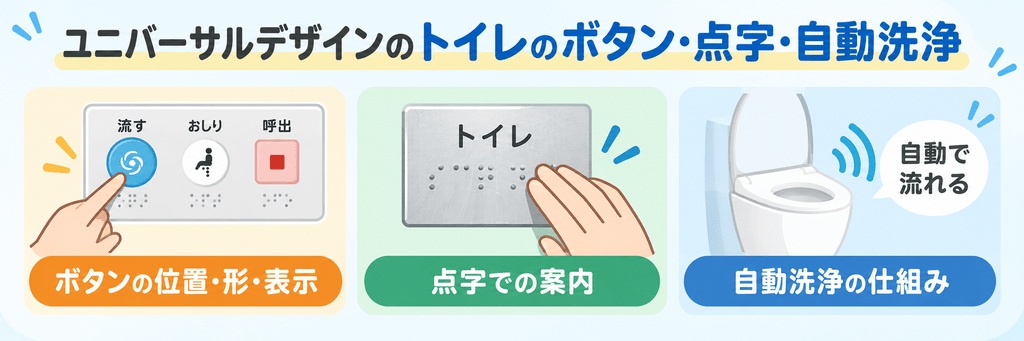 ユニバーサルデザインのトイレのボタン・点字・自動洗浄の工夫を扱う章の内容を端的に示す画像