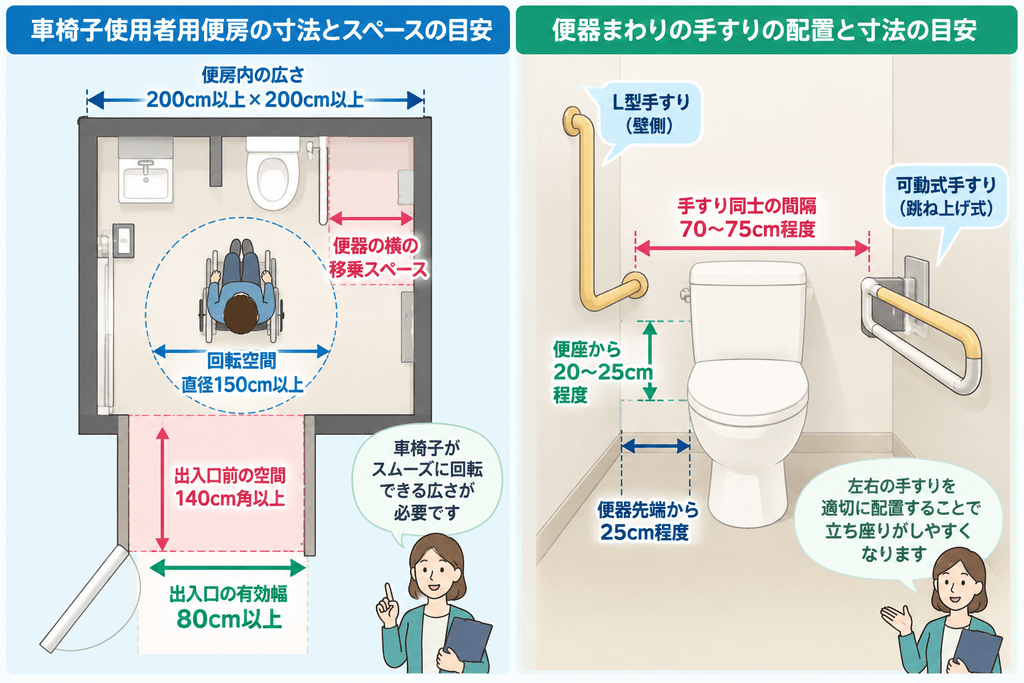 ユニバーサルデザインのトイレの工夫①：車椅子で使いやすい広さと寸法を示す画像