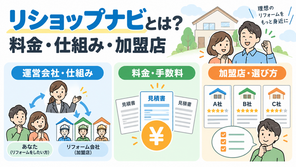 リショップナビとは、料金・仕組み・加盟店を扱う章の内容を端的に示す画像