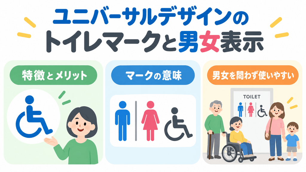 ユニバーサルデザインのトイレマークの意味と男女表示を扱う章の内容を端的に示す画像