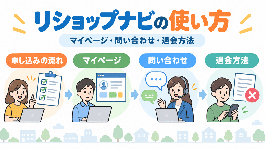 リショップナビの使い方、マイページ・問い合わせ・退会方法を扱う章の内容を端的に示す画像
