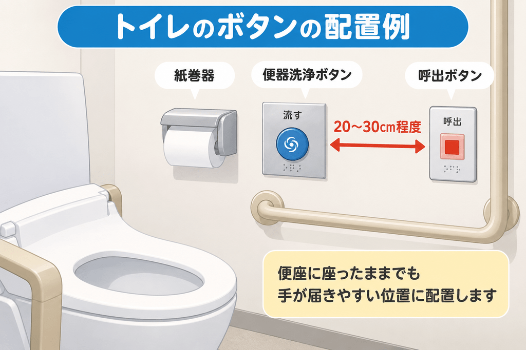ユニバーサルデザインのトイレのボタンは位置・形・表示が分かりやすいを示す画像
