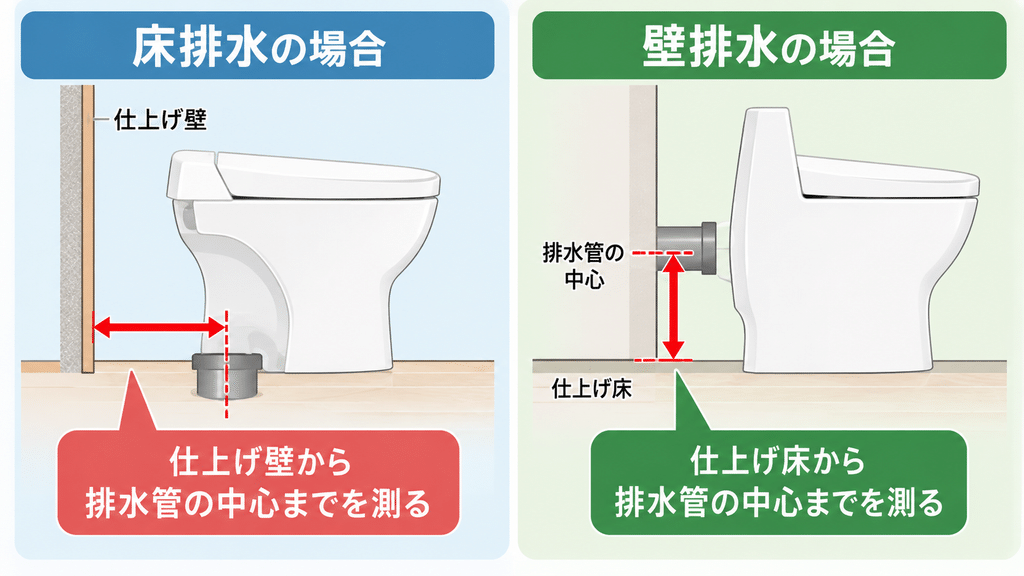 トイレの床排水・壁排水で異なる排水芯の位置を示す画像