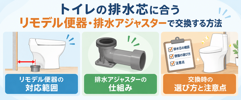 トイレの排水芯に合うリモデル便器・排水アジャスターで交換する方法を扱う章の内容を端的に示す画像
