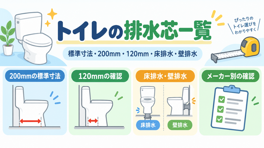トイレの排水芯一覧、標準寸法・200mm・120mmと床排水・壁排水を扱う章の内容を端的に示す画像