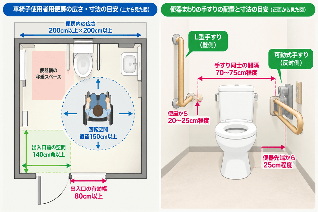 ユニバーサルデザインのトイレの工夫②：手すりと移乗しやすい配置を示す画像