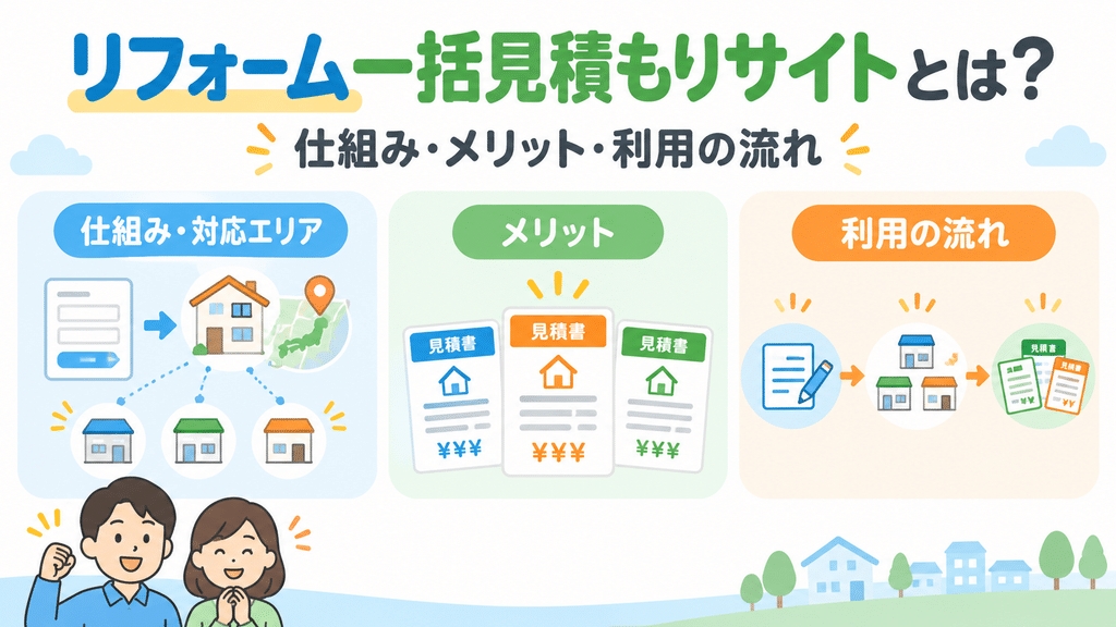 リフォーム一括見積もりサイトとは、仕組み・メリット・利用の流れを扱う章の内容を端的に示す画像