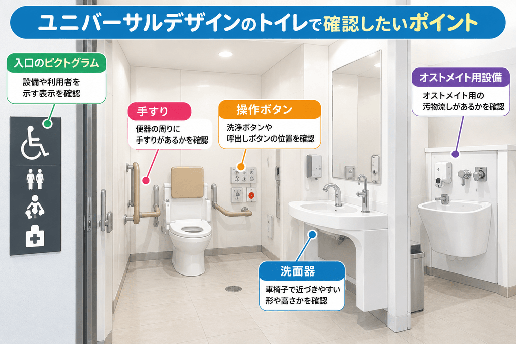 ユニバーサルデザインのトイレを画像で確認する公共施設の例を示す画像