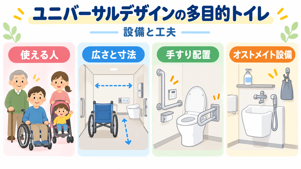 ユニバーサルデザインの多目的トイレにある設備と工夫を扱う章の内容を端的に示す画像