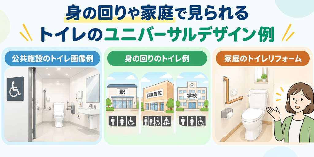 身の回りや家庭で見られるトイレのユニバーサルデザイン例を扱う章の内容を端的に示す画像
