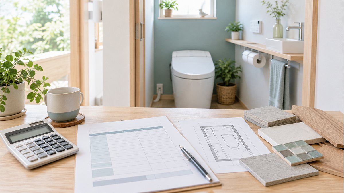見積書と電卓、素材サンプルでトイレリフォーム費用を検討するイメージ