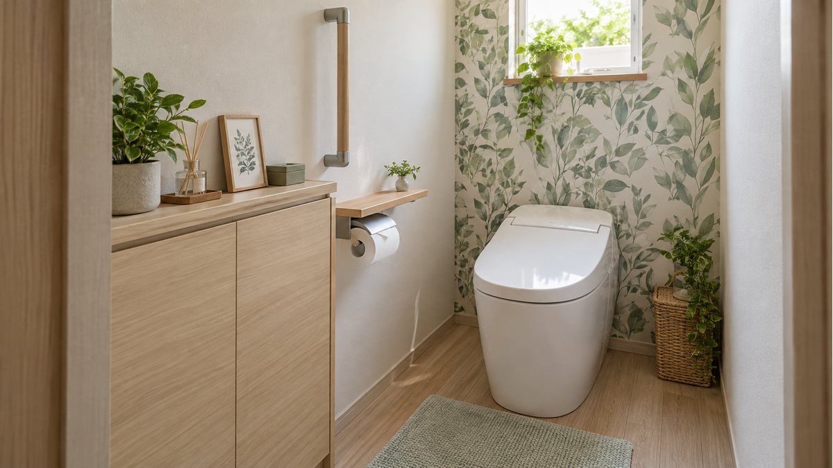 収納と植物を取り入れたナチュラルなトイレ空間